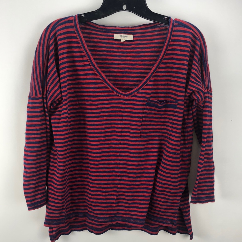 MADEWELL COTTON RED STRIPE POCKET LONG SLEEVE SZ S